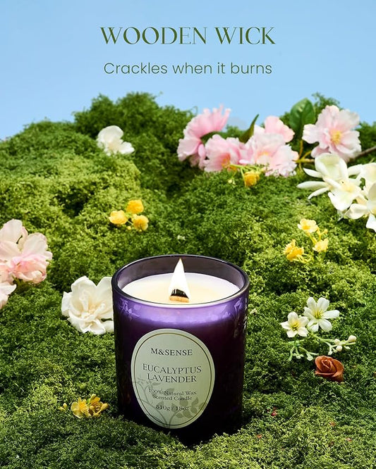 M&SENSE Eucalyptus Lavender Strong Scented Candle, Wooden Wick Candle with Lid, 100 Hours Slow Burning No Toxin Natural Soy Wax 18oz, Relax Aromatherapy Sleep Home Fragrance, Housewarming Gifts