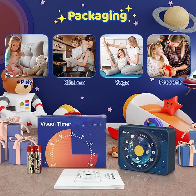 VOCOO Kids Visual Timer for Classroom - 60-Minute Countdown for Kitchen Cooking Office, Strong Magnet, Silent Time Management Tool, 2 AAA Batteries Included, Cute Starry Sky Pattern (Blue)