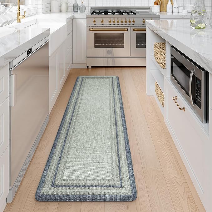 KIMODE Farmhouse Kitchen Runner Rug,17.3" x 59" Anti Fatigue Kitchen Mats for Floor Cushioned,Non-Skid Waterproof Kitchen Floor Standing Mat for Front Sink,Laundry Room,Blue and Gray