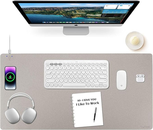 Wireless Charging Mouse Pad Firelison 2 in 1 Leather Multifunctional Office Desk Pad with Non-Slip Rubber Base, Waterproof Desk pad for Computers/Office/Work/Home/Decor（ 32" x 16"Grey - L）