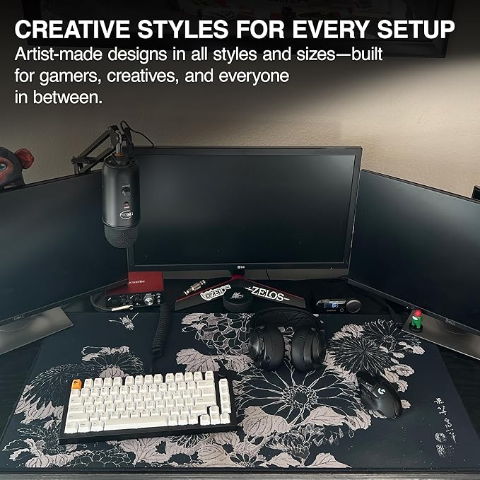 MPCO. Ukiyo-E Large Gaming Desk Pad - 36" x 17" Aeroglyde Fabric Chrysanthemums Desk Mats - Non-Slip, Washable, Smooth Glide for Precision Gaming & Work