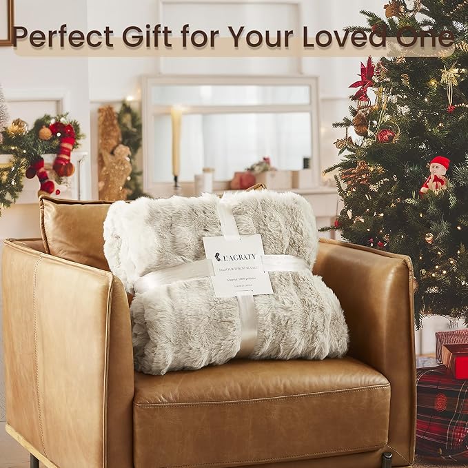 L'AGRATY Faux Rabbit Fur Blanket: 90" x 90" Queen Luxury Soft Fluffy Thick Fur Throw Blanket for Couch Bed Sofa - Cozy Plush Bubble Blankets for Winter: Flannel Fleece Decorative Blanket(Almond White)