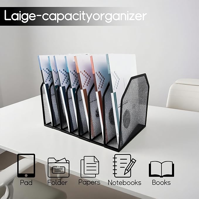 Adjustable Desk File Organizer,Detachable Office Folder Organizer,Compact Vertical Desk File Holder,Wrought Iron Paint,Suitable for Home, School, Office Classrooms (Black - 7 grids)