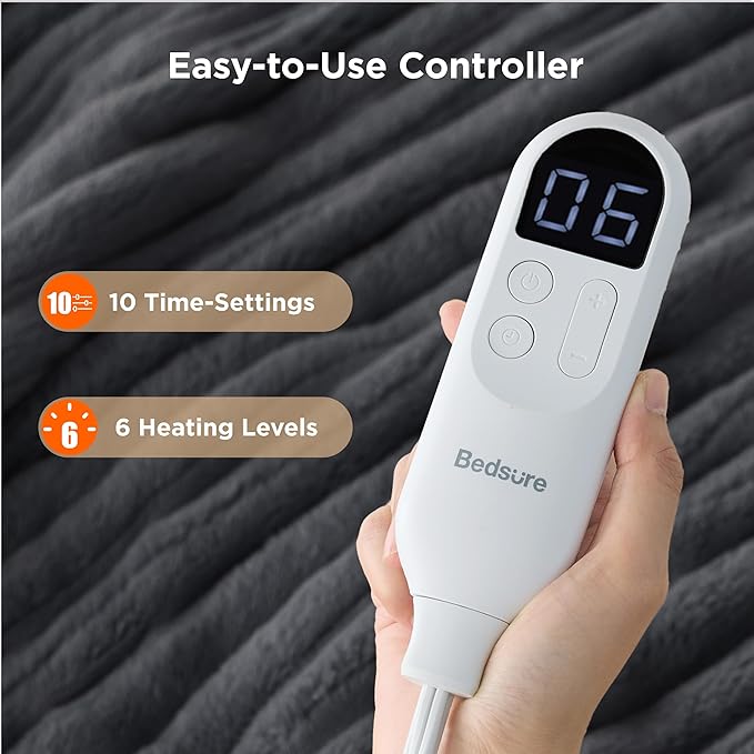 Bedsure Electric Blanket Twin - Thick Striped Flannel Electric Blanket, Heating with 10 Time Settings, 6 Heat Settings, and 8-Hour Timer Auto Shut Off, Gift for Grandma (62x84 inches, Grey)