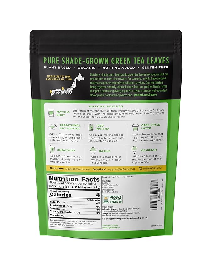 Jade Leaf Matcha Organic Green Tea Powder - Culinary Grade Premium Second Harvest - Authentic Japanese Origin (8.8 Ounce Bulk Resealable Pouch)
