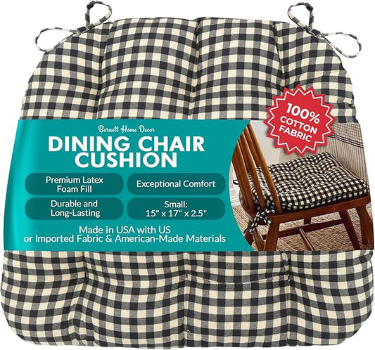 Barnett Home Decor Farmhouse Check Black Dining Chair Pad with Ties - 15 x 17 Size Small Chair Cushion - Latex Foam Fill - 100% Cotton, Made in USA - Machine Washable, Reversible, Checkered