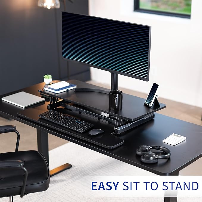 VIVO 36 inch Electric Motor Desk Converter, Height Adjustable Riser, Sit to Stand Dual Monitor and Laptop Workstation with Wide Keyboard Tray, Black, DESK-VE36B