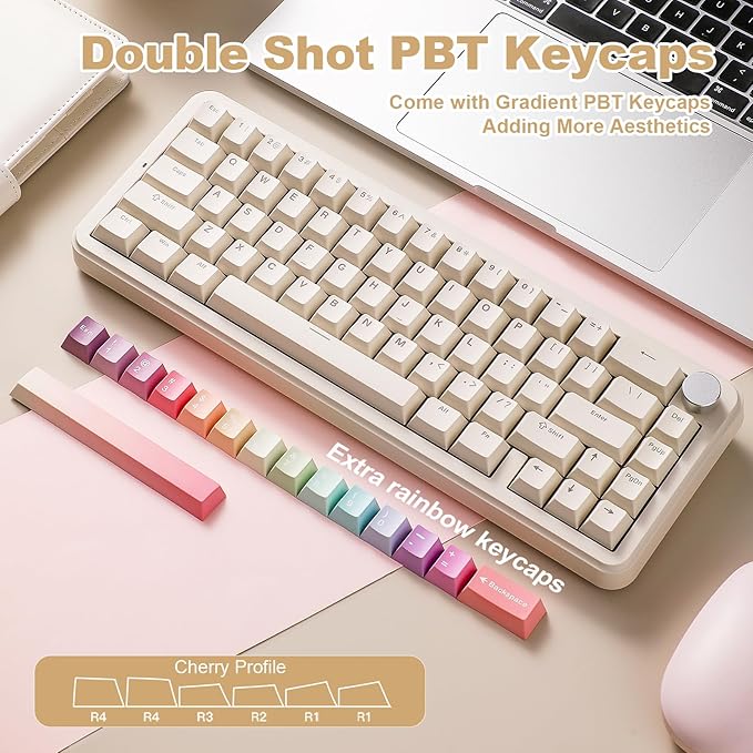YUNZII B68 Wireless Mechanical Keyboard,Tri-Mode BT5.0/2.4GHz/USB-C,Cute PBT Keycaps,Hot Swappable Creamy Typing Gasket Mounted,RGB Backlit NKRO for Win/Mac (Beige, Milk V2 Switch)
