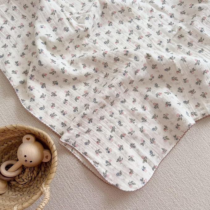 BuLuTu Muslin Cotton Baby Quilt 47x51 Inch, Bellflower Pattern Nursery Blanket for Crib/Toddler Bed, Cottage Floral Baby Blankets, Soft Lightweight Summer Toddler Nap Quilts