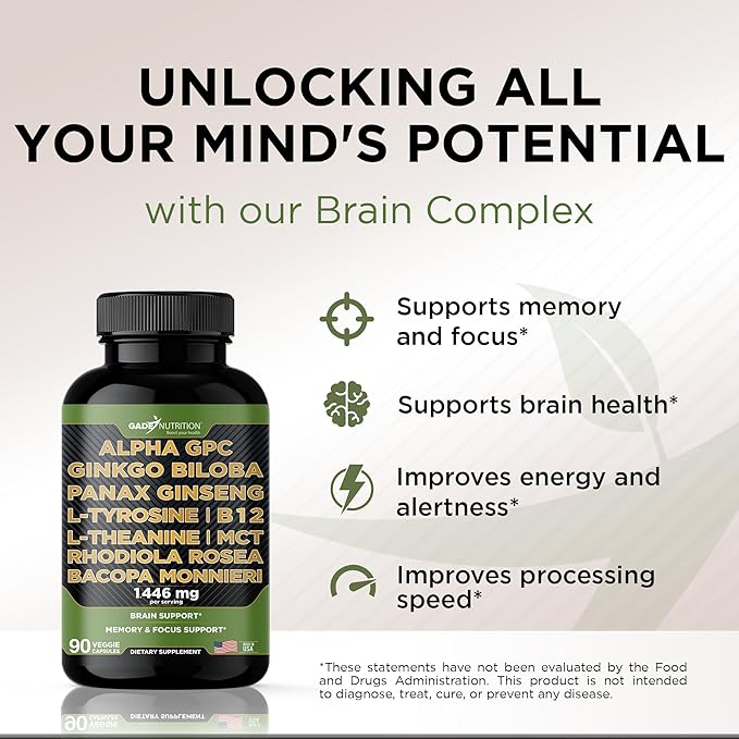 Gade Nutrition Alpha GPC + Ginkgo Biloba + Panax Ginseng + L- Tyrosine, L-Theanine, Bocopa Monnieri, Rhodiola Rosea, B12, MCT