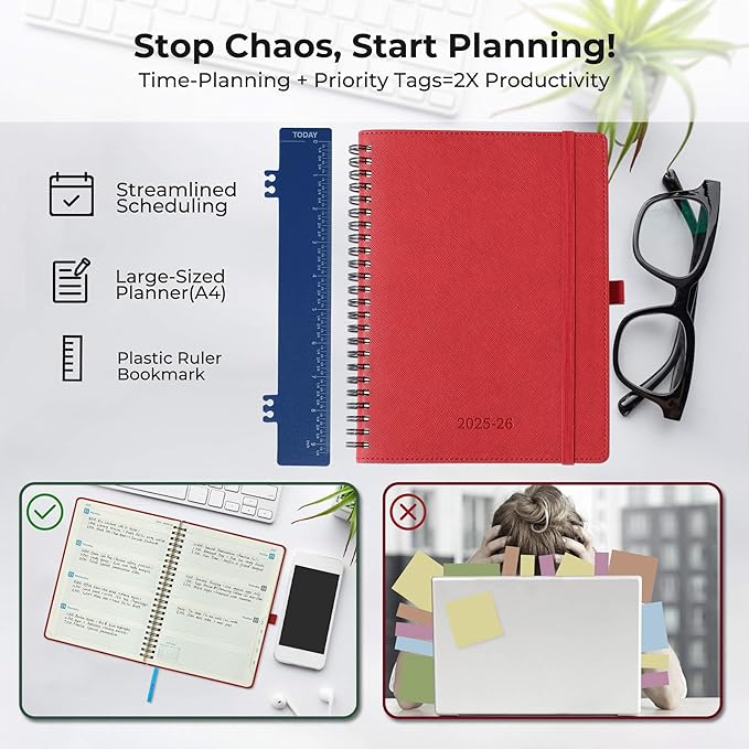 Weekly Monthly 2025-2026 Planner (July 25-Dec 26),11.5"x8.5",18 Months Agenda Plan with Month Tabs & Pocket,Expenses/Note Pages, Academic Calendar with Vegan Leather Cover,Red