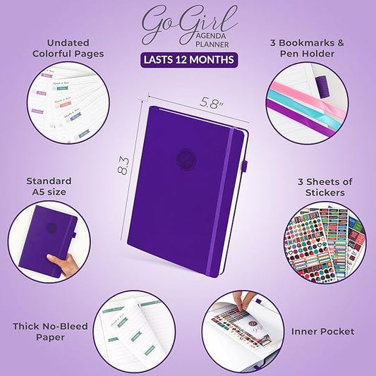 GoGirl Planner Agenda – Colorful Undated Monthly & Weekly Organizer for Women, Journal for Time Management & Productivity (Purple)