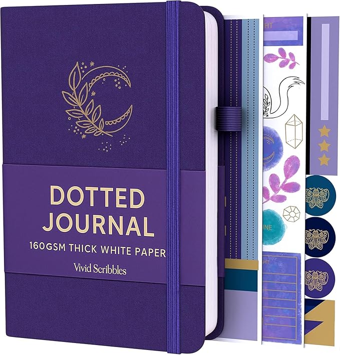 A5 Bullet Dotted Journal Notebook, 160gsm Bleed-Proof Thick Paper, 200 Numbered Dot Grid Pages, 5.8 x 8.3 Inch (Purple)