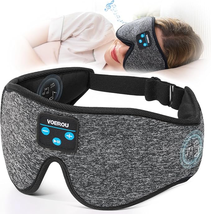 Voerou Sleep Mask with Bluetooth Headphones, Zero Pressure Wireless Sleeping Eye Mask, 100% Light Blocking Sleep Headphones for Side Sleepers, Suitable for Sleep Nap Travel, Cool Gadgets Unique Gifts