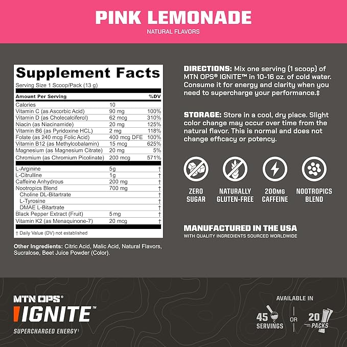 MTN OPS Ignite Trail Packs Energy Drink Powder, Gluten Free Nootropic Supplement Drink Mix, L Arginine, L Citrulline, Caffeine & Nootropic Sugar Free Drink Mix, 20 Servings, Pink Lemonade
