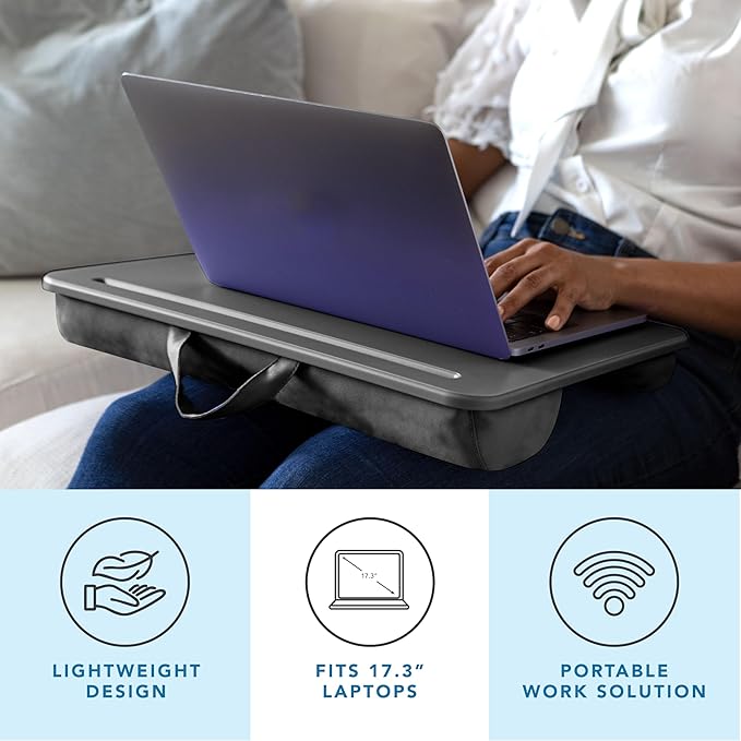 LAPGEAR Original Lap Desk – Large (17.9” x 13”) | Fits Up to 17.3” Laptops | Cushioned with Device Ledge, Pencil Tray & Handle | Portable & Lightweight | Charcoal – Style No. 45155