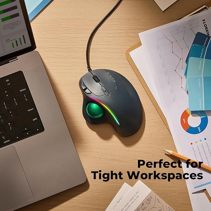 Wired Trackball Mouse with RGB Lighting, Ergonomic Thumb Control to Reduce Muscle Strain, 5 Adjustable DPI, Dual USB-C & USB-A Connectivity, Compatible with PC, Laptop, Mac, Windows-Green