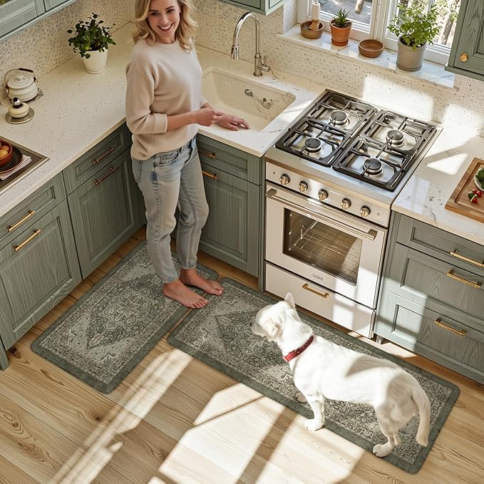 KIMODE Anti Fatigue Mats for Kitchen Floor 17"x47"+17"x29", Boho Kitchen Rugs Sets of 2,Cushioned Kitchen Floor Mats, Comfort Standing Mat for Laundry, Office, Sink, Desk Dark Green