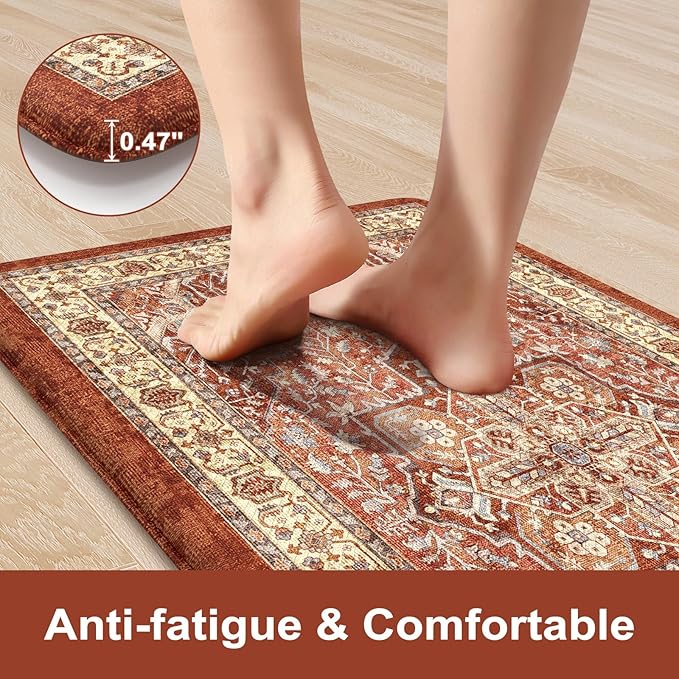 KIMODE Anti Fatigue Fall Kitchen Mats, Boho Distressed Kitchen Floor Mats 17"x47"+17"x29", Non Slip Waterproof Kitchen Rugs, Padded Comfort Standing Mats for Laundry, Office, Sink, Desk Orange Multi