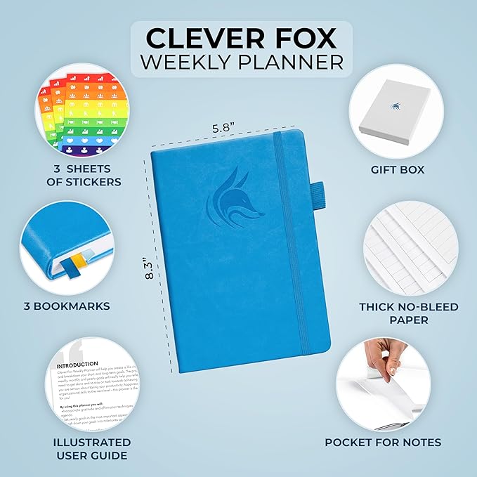 Clever Fox Planner – Undated Weekly & Monthly Planner for Productivity, Time Management & Goals – Organizer Journal – A5 (Sky Blue)