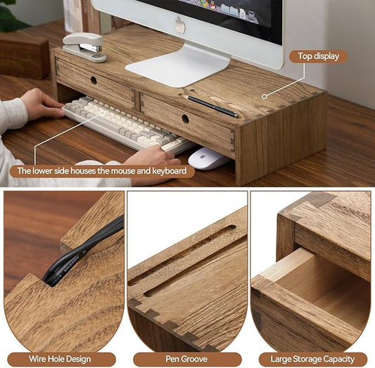 KIRIGEN Wood Monitor Stand with 2 Drawers - Computer Arm Riser Desk Storage Organizer,Speaker TV Laptop Printer Stand with Pen Slot and Cable Management,Dark Brown Desktop Shelf for Office DBR-2PMJ