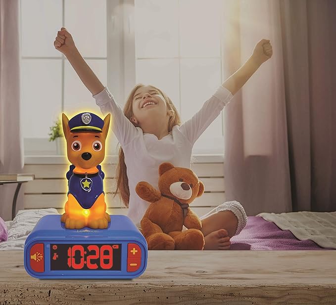 LEXiBOOK - Paw Patrol Chase Digital Alarm Clock with Night Light - Snooze Function - Dog Sound Effects - for Children/Kids - Luminous Clock with Chase, Blue/Red - RL800PA