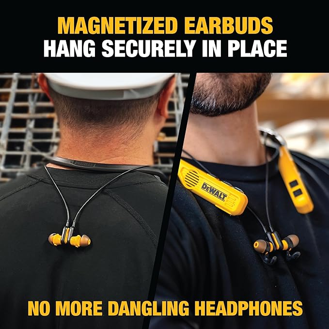 DEWALT Heavy Duty 2-in-1 Neckband Bluetooth Headphones w/Built-in Speakers, Jobsite Wearable Speaker & Around Neck Headphones, Wireless Bluetooth Headset, 60+ Hrs Hands-Free Music/Calls, Carry Pouch