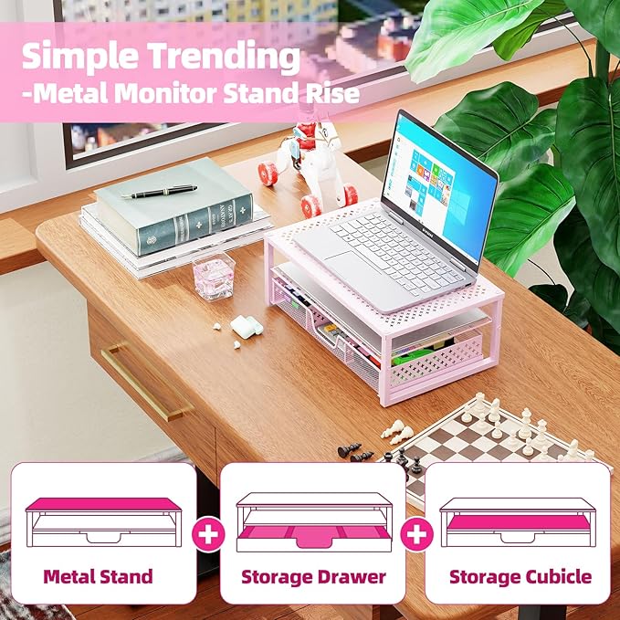 Simple Trending Metal Monitor Stand Riser and Computer Desk Organizer with Drawer for Laptop, Computer, iMac, Pink