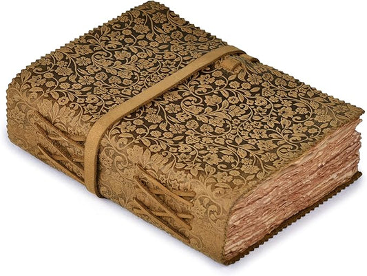 LEATHER VILLAGE Leather Bound Floral Embossed Journal for Women Men - 200 Pages, 10X7 Inches, Suntan - Book of Shadows, Vintage Blank Paper Travel Diary, Notebook for Writing, Drawing, Sketchbook