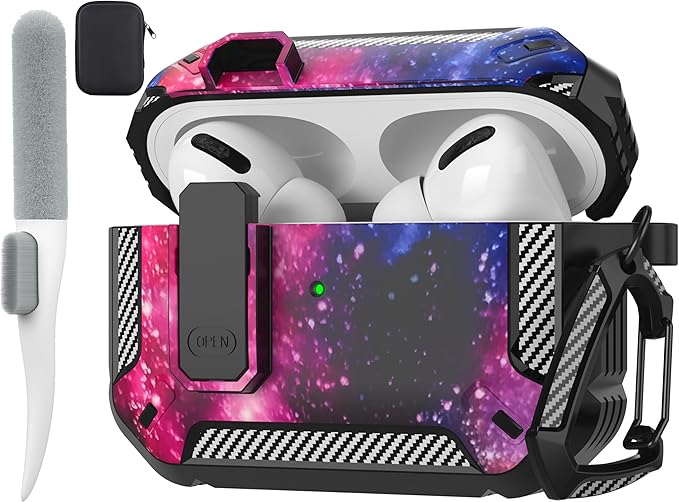 Maxjoy for AirPods Pro Case Cover with Lock, AirPods Pro 1st Generation Case for Men Military Rugged Protective Cover with Keychain Compatible with Apple AirPod Pros 2019 Front LED Visible, Starry Sky