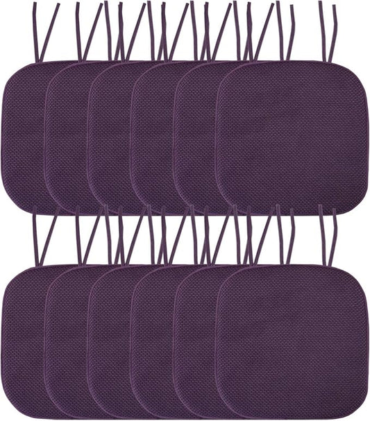 Sweet Home Collection Chair Cushion Memory Foam Pads with Ties Honeycomb Pattern Slip Non Skid Rubber Back Rounded Square 16" x 16" Seat Cover, 12 Pack, Eggplant Purple 12 Pack