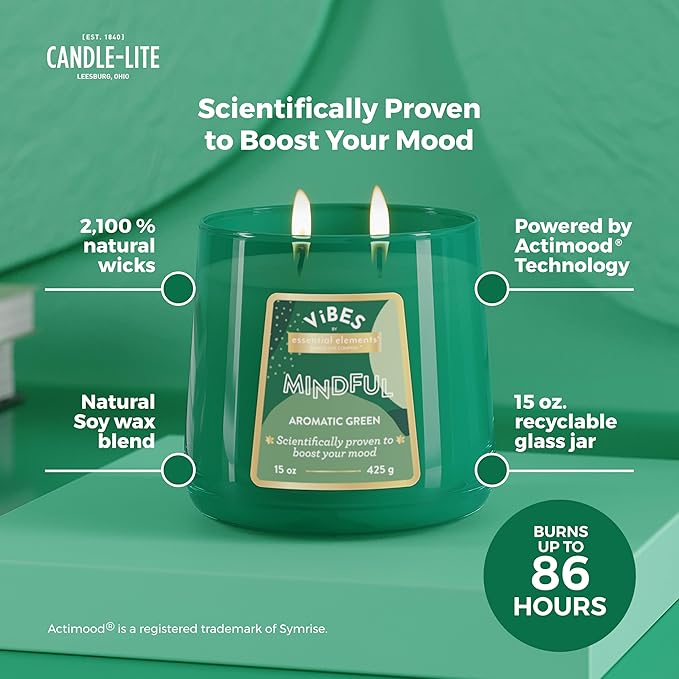 Candle-Lite Vibes Aromatic Green Mood-Enhancing Scented Candles, 15 oz Jar, Aromatherapy, Proudly Poured in The USA, 2-Wick, 86 Hours Burn Time, Perfect Relaxation Gift