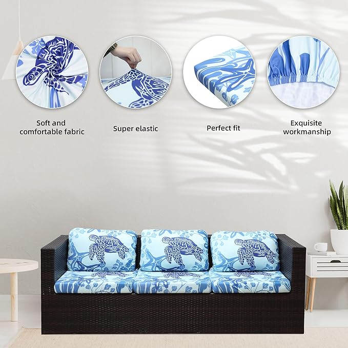 8Pcs Stretch Patio Cushion Covers,Outdoor Couch Covers Replacement,Outdoor Couch & Sofa Slipcovers,for Patio Furniture Cushion Covers,Washable Reusable Furniture Protector (Sea Turtle,Cover Only)