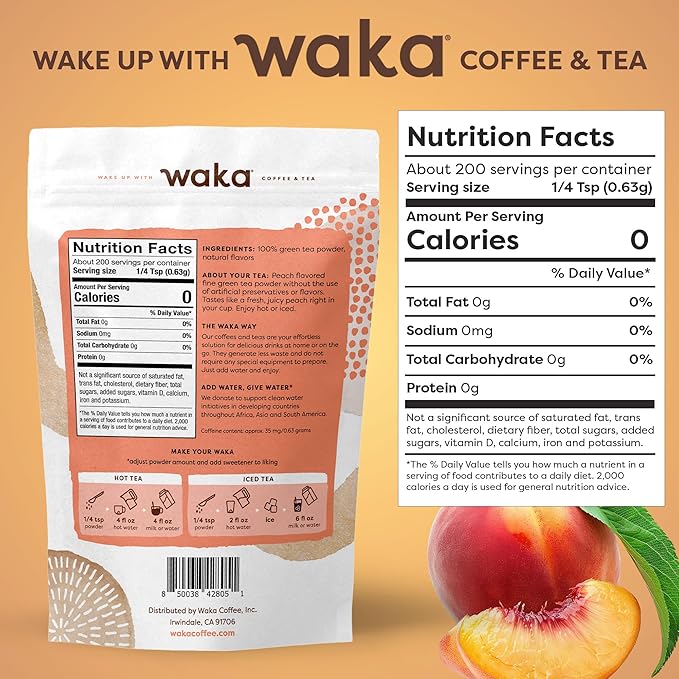 Waka Instant Green Tea Mix, Peach Flavored - 100% Tea Leaves, No Additives, Unsweetened Tea Powder in Bulk Pouch – Easy Quick Hot and Iced Teas, Up to 200 Cups (4.5oz)