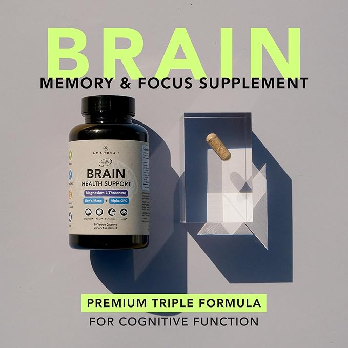 AMANDEAN Brain Supplement. Nootropic Cognitive Support for Memory, Focus, Clarity. Magnesium L-Threonate (Magtein), Lion's Mane Mushroom Extract, Alpha GPC Choline Complex. 90 Veggie Capsules.