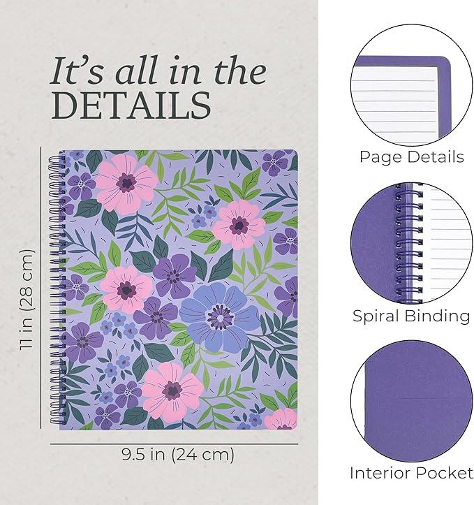 Steel Mill & Co Cute Large Spiral Notebook College Ruled, 11" x 9.5" with Durable Hardcover and 160 Lined Pages, Lilac Floral