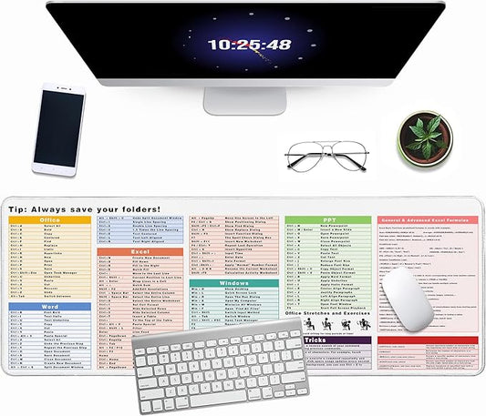 Excel Cheat Sheet Desk Pad, 31.5"x11.8", Waterproof Extra Large Excel Shortcut Mat with Stitched Edges, Anti-Slip Excel Mouse Pad for Office Desk, MS Excel/Word Shortcuts (White Shortcut Key B)