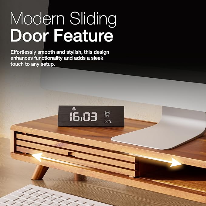 Tinamo Acacia Monitor Stand Riser with Sliding Door - Wooden Monitor Riser for Desk - Computer Monitor Stand for Desk - Multi-Purpose Desktop Storage Stand for Computer; Laptop; TV(24.4 " x 8" x 5")