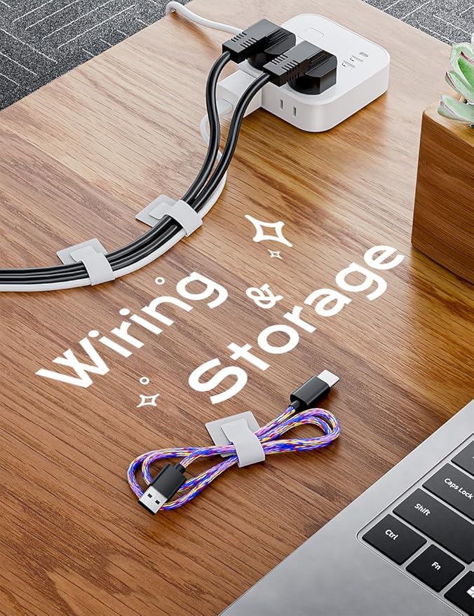 100pcs Hook and Loop Cable Ties, gliship Adhesive Wire Management, Adjustable Cable Straps Cord Wrappers Keeper Cord Holder, Sticky-Back Cord Organizer for Kitchen Appliances at Office, Home - White