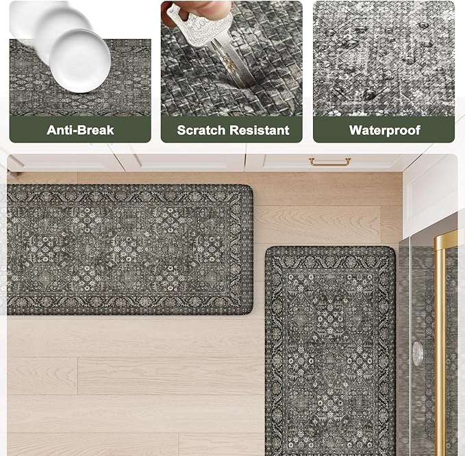 KIMODE Anti Fatigue Kitchen Mat 2PCS,Waterproof Farmhouse Green Kitchen Rugs Non-Slip,Vintage Kitchen Mat for Floor,Cushioned Comfort Foam Standing Mat for Laundry,Office,Sink,Desk