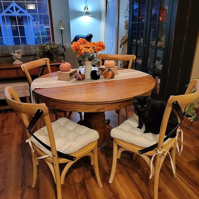 Barnett Home Decor Ticking Stripe Natural Dining Chair Pad with Ties - Pack of 2 Size 15 x 17 Chair Cushion - Latex Foam Fill - Machine Washable, Reversible, 100% Cotton, Made in USA (Beige Ivory)