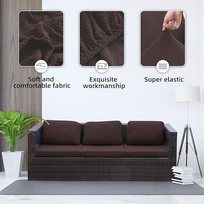 8Pcs Stretch Patio Cushion Cover Outdoor Cushion Cover Replacement Slipcovers Outdoor Cushion Covers Thick Jacquard Textured Twill Fabric Porch Patio Furniture Protector(Coffee，Cover，Only)