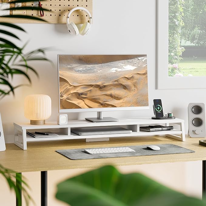 Fenge Dual Monitor Stand for Desk, 42.5in Large Monitor Riser for 2 Monitors, 2 Tier Computer Office Desk Top Shelf, Desktop Storage Stand for Laptop, PC, Computer, Printer