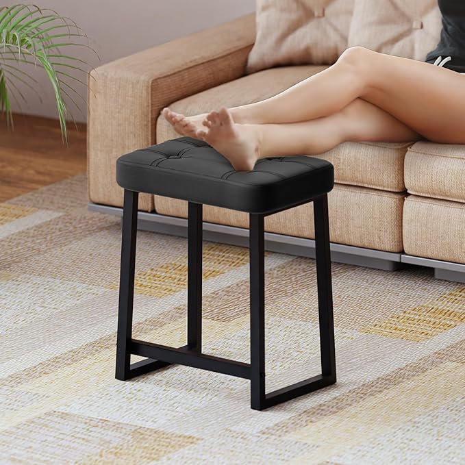 Vanity Stool Chair, Makeup Stool for Vanity,Small Ottoman Footrest for Bathroom, Bedroom, Living Room, Entryway, Offices，Leather &Metal Legs with Anti-Slip Feet, Black