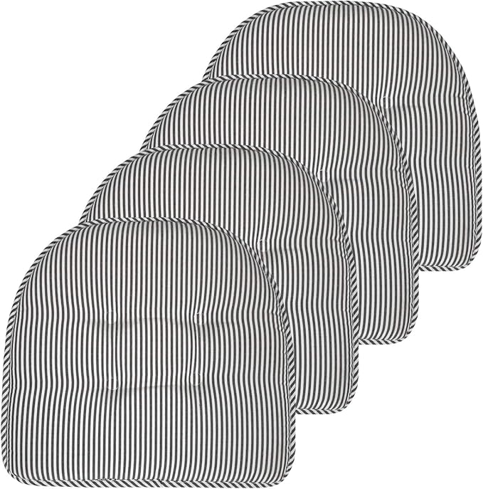 Sweet Home Collection Chair Cushion Memory Foam Pads Tufted Slip Non Skid Rubber Back U-Shaped 17" x 16" Seat Cover, Pinstripe Charcoal 4 Count