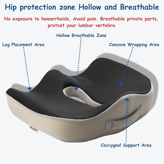 Large Memory Foam Seat Cushion for Office Chair, Wheelchair, Ergonomic Chair Cushion for Hip Pain, Ideal for Sciatica, Back Pain Relief, Tailbone Support, Booster Seat, Removable & Washable Cover