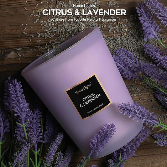 HomeLights Scented Candles - Large Jar Aromatherapy, Natural Soy Wax, 130 Hour Long Burning, Citrus & Lavender