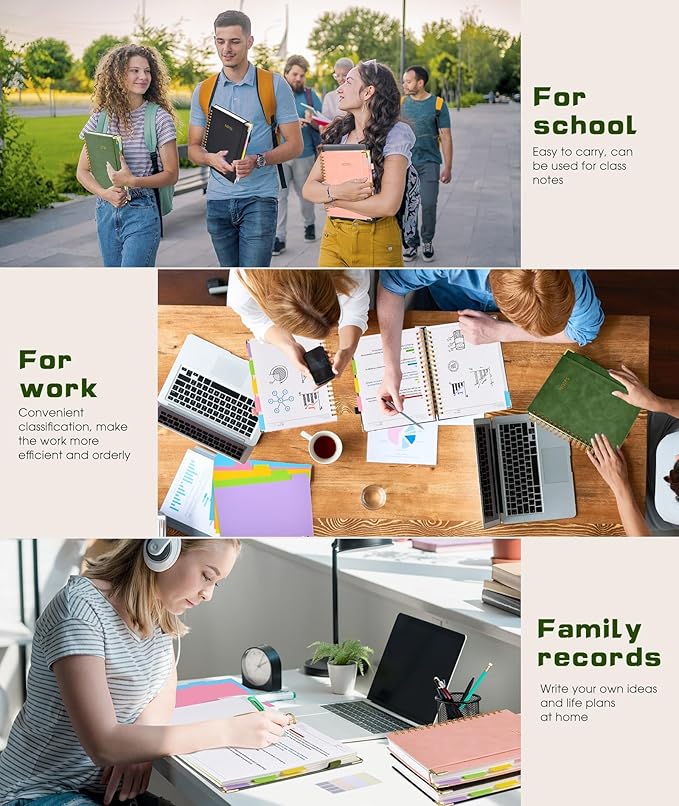 Hardcover Spiral Notebook journal with Removable Dividers Tabs, 300 Pages Leather 5 Subject Notebook College Ruled, 100GMS A5 Notebooks for Work School Note taking,Lined Journal for Women,A5-Green