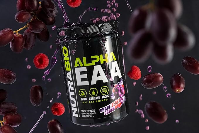 NutraBio Alpha EAA - All-Day Amino Acids for Muscle Growth and Hydration - Essential Amino Acids with Nootropics & Adaptogens- Full Spectrum EAA BCAA Powder - 30 Servings - Grape Berry Crush