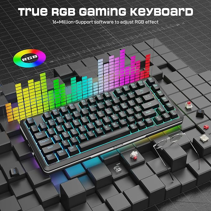 Redragon K713 Wireless Mechanical Keyboard, Gasket Mounted RGB Gaming Keyboard, 3-Mode (2.4G/BT/USB), Pre-Lubed Linear Red Switches, 75％ Layout, 82 Keys Hot Swappable for PC/Mac - Black